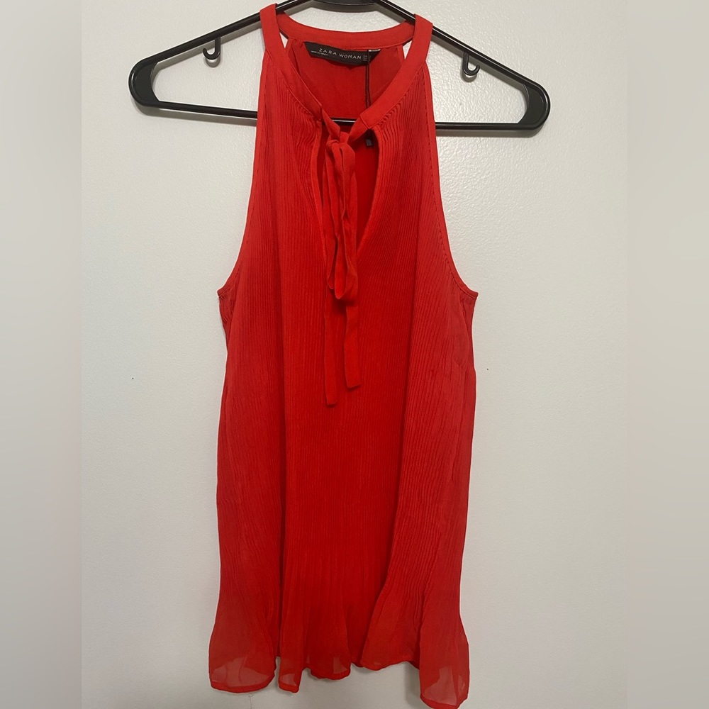 Zara red pleated Sleeveless ruffle tie detail beautiful top size Small - Picture 3 of 12